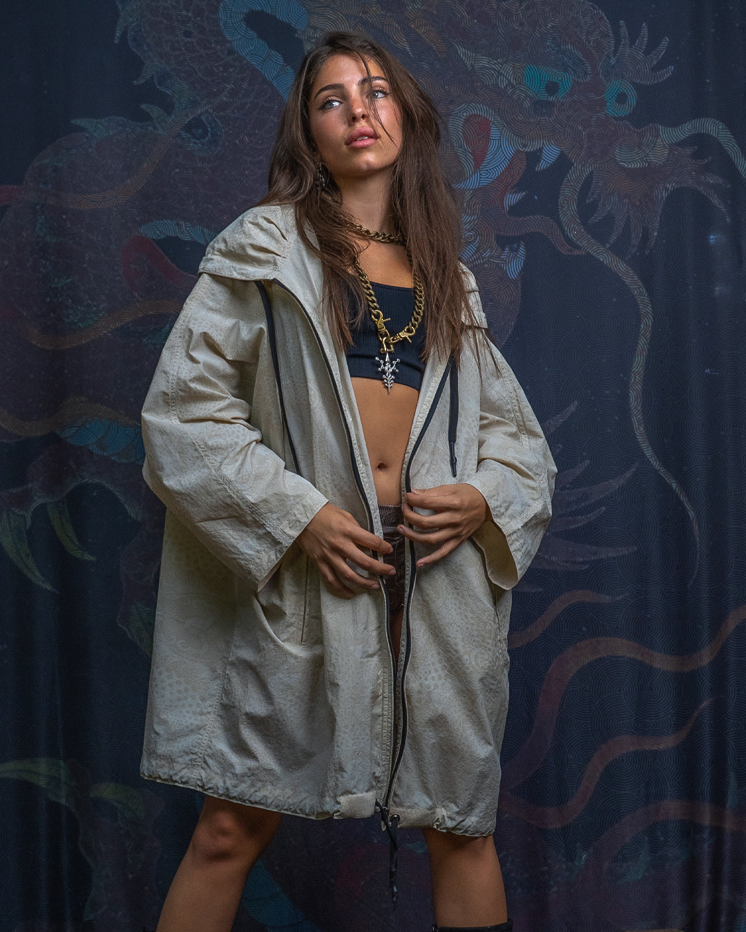 Wind Breaker Hoodie / Nylon Screenprint - Cream DRAGONS